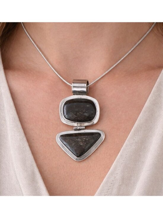 None Jewelry - Agatized Dinosaur Bone Gemstone Sterling Silver Pendant Large 2 3/4" 38g